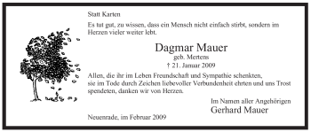 Todesanzeige von Dagmar Mauer von WESTFÄLISCHER ANZEIGER