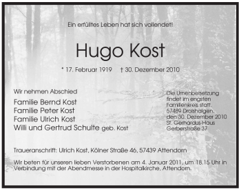 Todesanzeige von Hugo Kost von WESTFÄLISCHER ANZEIGER