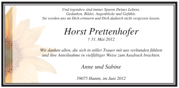 Todesanzeige von Horst Prettenhofer von WESTFÄLISCHER ANZEIGER