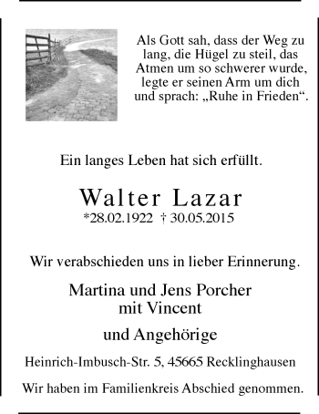 Todesanzeige von Walter Lazar von MZV