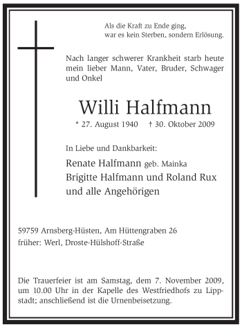 Todesanzeige von Willi Halfmann von WESTFÄLISCHER ANZEIGER