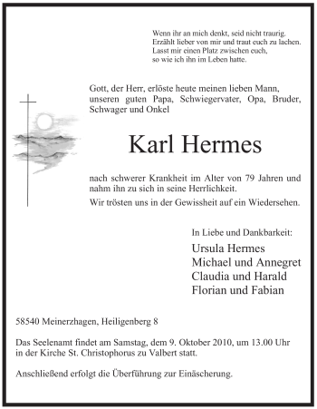 Todesanzeige von Karl Hermes von WESTFÄLISCHER ANZEIGER