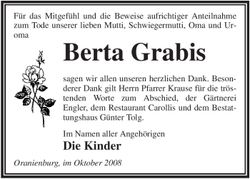 Todesanzeige von Berta Grabis von WESTFÄLISCHER ANZEIGER