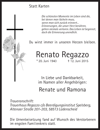 Todesanzeige von Renato Regazzo von MZV