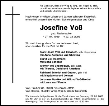 Todesanzeige von Josefine Voß von WESTFÄLISCHER ANZEIGER
