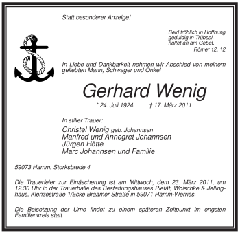 Todesanzeige von Gerhard Wenig von WESTFÄLISCHER ANZEIGER