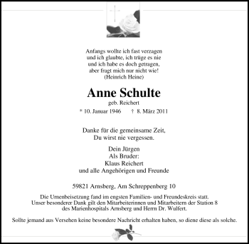 Todesanzeige von Anne Schulte von WESTFÄLISCHER ANZEIGER