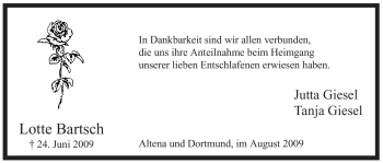Todesanzeige von Lotte Bartsch von WESTFÄLISCHER ANZEIGER