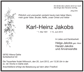 Todesanzeige von Karl-Heinz Jakobs von WESTFÄLISCHER ANZEIGER