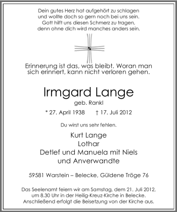 Todesanzeige von Irmgard Lange von WESTFÄLISCHER ANZEIGER