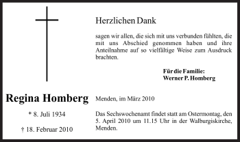 Todesanzeige von Regina Homberg von WESTFÄLISCHER ANZEIGER