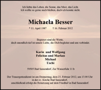 Todesanzeige von Michaela Besser von WESTFÄLISCHER ANZEIGER