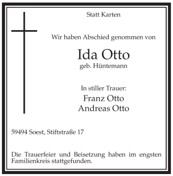 Todesanzeige von Ida Otto von WESTFÄLISCHER ANZEIGER