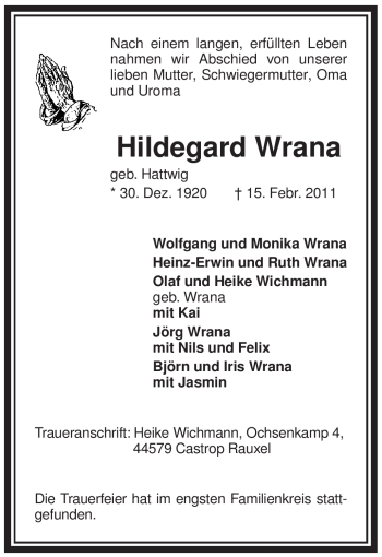 Todesanzeige von Hildegard Wrana von WESTFÄLISCHER ANZEIGER
