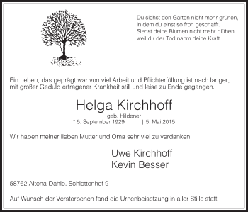 Todesanzeige von Helga Kirchhoff von MZV