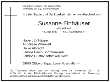 Todesanzeige von Susanne Einhäuser von WESTFÄLISCHER ANZEIGER