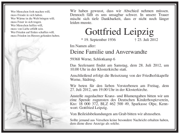 Todesanzeige von Gottfried Leipzig von WESTFÄLISCHER ANZEIGER