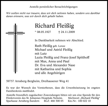 Todesanzeige von Richard Fleißig von WESTFÄLISCHER ANZEIGER