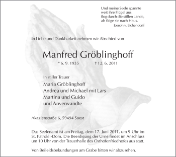 Todesanzeige von Manfred Gröblinghoff von WESTFÄLISCHER ANZEIGER