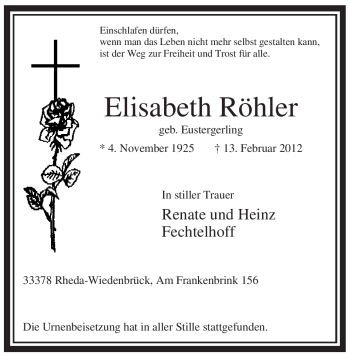 Todesanzeige von Elisabeth Röhler von WESTFÄLISCHER ANZEIGER