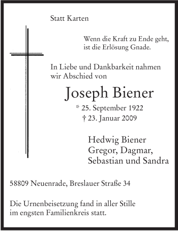 Todesanzeige von Joseph Biener von WESTFÄLISCHER ANZEIGER