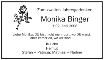 Todesanzeige von Monika Binger von WESTFÄLISCHER ANZEIGER
