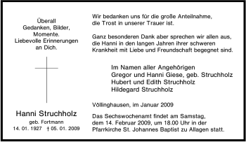 Todesanzeige von Hanni Struchholz von WESTFÄLISCHER ANZEIGER