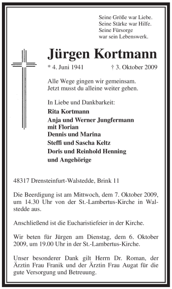 Todesanzeige von Jürgen Kortmann von WESTFÄLISCHER ANZEIGER