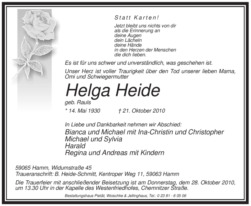  Traueranzeige für Helga Heide vom 26.10.2010 aus WESTFÄLISCHER ANZEIGER