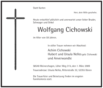Todesanzeige von Wolfgang Cichowski von WESTFÄLISCHER ANZEIGER