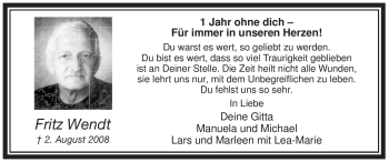 Todesanzeige von Fritz Wendt von WESTFÄLISCHER ANZEIGER