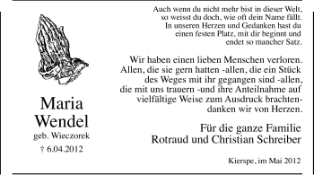 Todesanzeige von Maria Wendel von WESTFÄLISCHER ANZEIGER