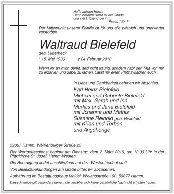 Todesanzeige von Waltraud Bielefeld von WESTFÄLISCHER ANZEIGER