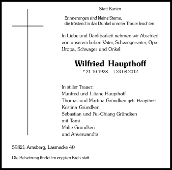 Todesanzeige von Wilfried Haupthoff von WESTFÄLISCHER ANZEIGER