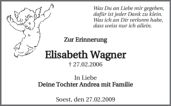 Todesanzeige von Elisabeth Wagner von WESTFÄLISCHER ANZEIGER