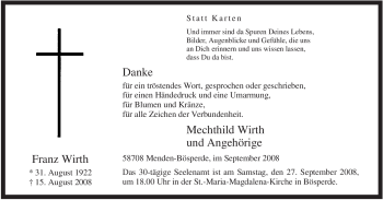 Todesanzeige von Franz Wirth von WESTFÄLISCHER ANZEIGER