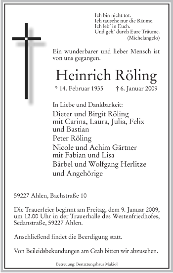 Todesanzeige von Heinrich Röling von WESTFÄLISCHER ANZEIGER