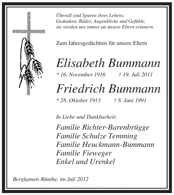 Todesanzeige von Friedrich Bummann von WESTFÄLISCHER ANZEIGER