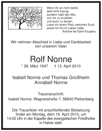 Todesanzeige von Rolf Nonne von WESTFÄLISCHER ANZEIGER