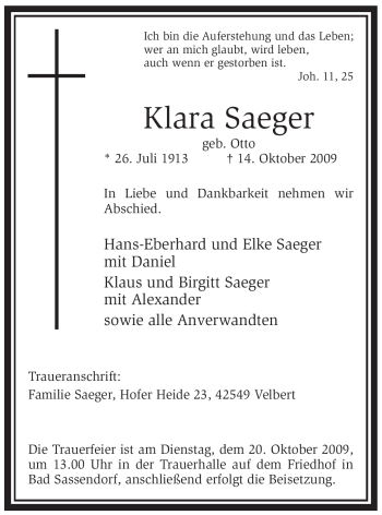 Todesanzeige von Klara Saeger von WESTFÄLISCHER ANZEIGER