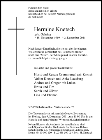 Todesanzeige von Hermine Knetsch von WESTFÄLISCHER ANZEIGER