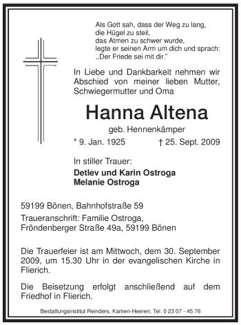 Todesanzeige von Hanna Altena von WESTFÄLISCHER ANZEIGER