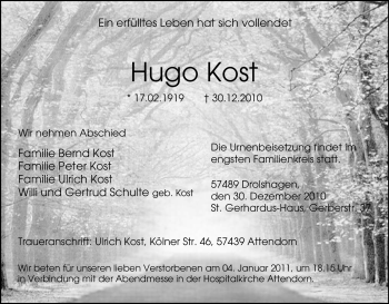 Todesanzeige von Hugo Kost von WESTFÄLISCHER ANZEIGER