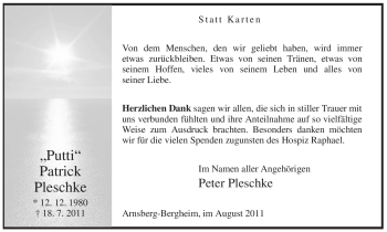 Todesanzeige von Patrick Pleschke von WESTFÄLISCHER ANZEIGER
