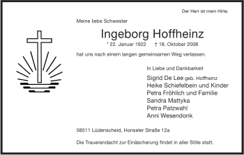 Todesanzeige von Ingeborg Hoffheinz von WESTFÄLISCHER ANZEIGER