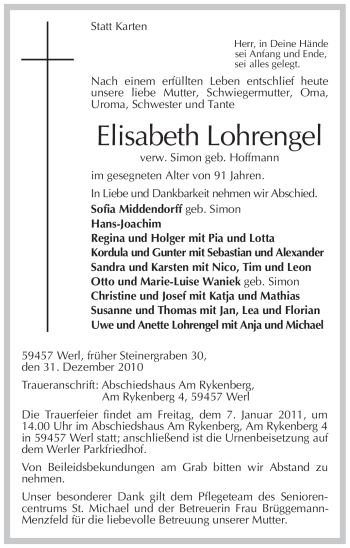 Todesanzeige von Elisabeth Lohrengel von WESTFÄLISCHER ANZEIGER