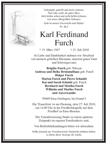Todesanzeige von Karl Ferdinand Furch von WESTFÄLISCHER ANZEIGER