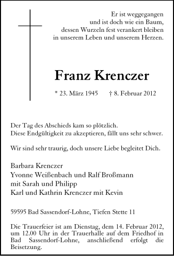 Todesanzeige von Franz Krenczer von WESTFÄLISCHER ANZEIGER