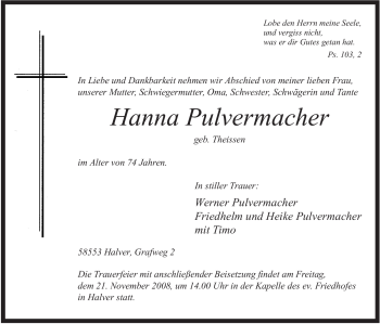 Todesanzeige von Hanna Pulvermacher von WESTFÄLISCHER ANZEIGER