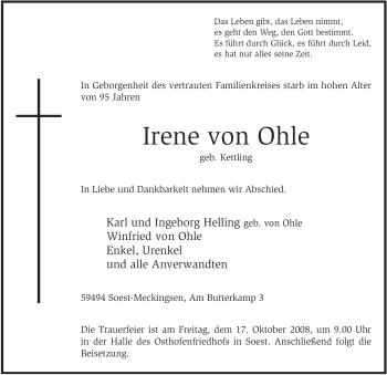 Todesanzeige von Irene von Ohle von WESTFÄLISCHER ANZEIGER